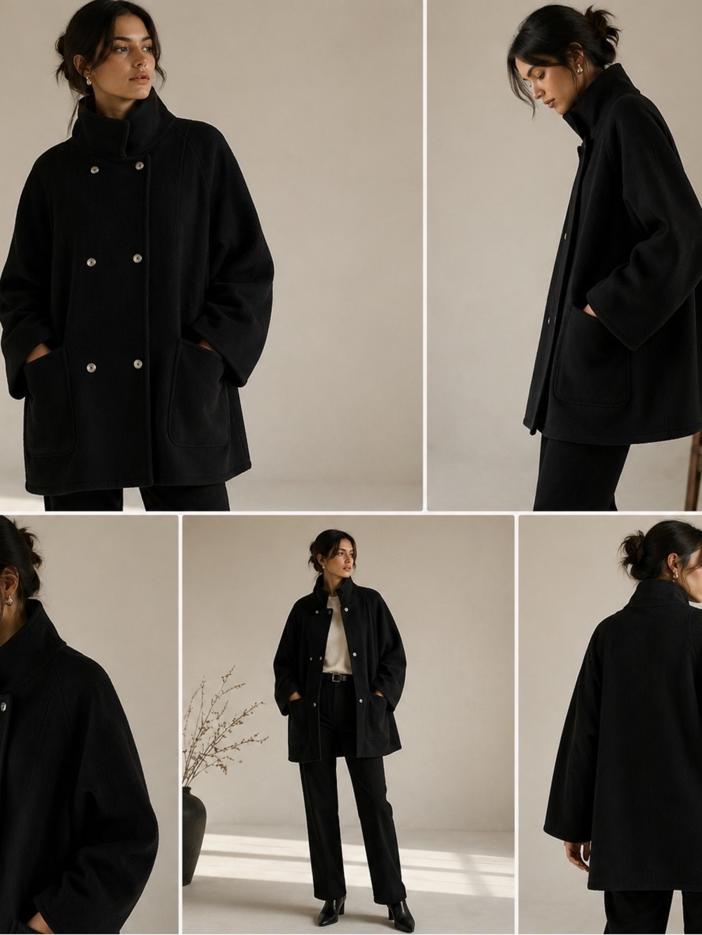 EATON Vintage Coat Double Breasted Ribbed Batwing Black Wool - Picture 2 of 15